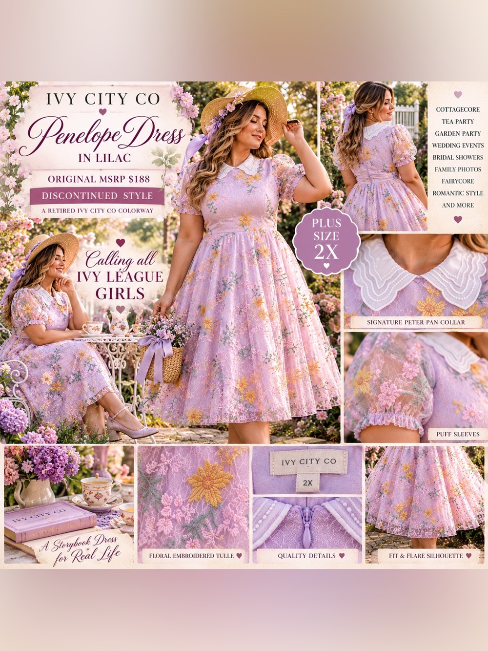 Ivy City Co Penelope Dress Lilac 2X Embroidered Floral Tulle Collar HTF Rare